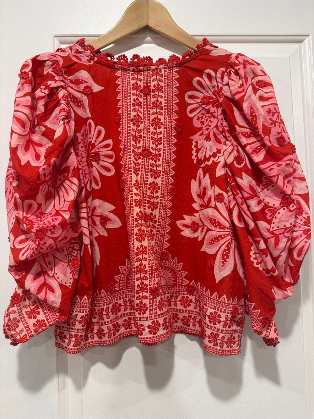 FARM Rio Red and Pink Floral Puff-Sleeve Blouse